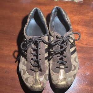 Coach Kate Brown and Gold Patterned Sneakers Size 9